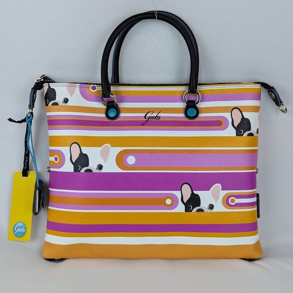 GABS Convertible Tote Backpack Vegan Leather Frenchie Print Pink Orange NWT - Picture 1 of 16